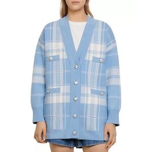 Sandro Paris Blue White Plaid Oversized Cardigan Sweater Button Front Size 1